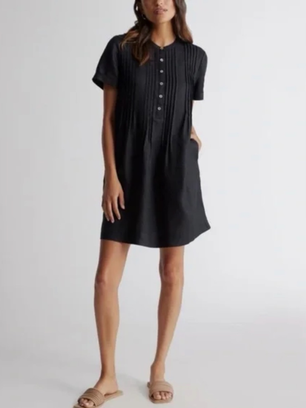 QUINCE 100% European Linen Short Sleeve Swing Dress Black M - Picture 5 of 5
